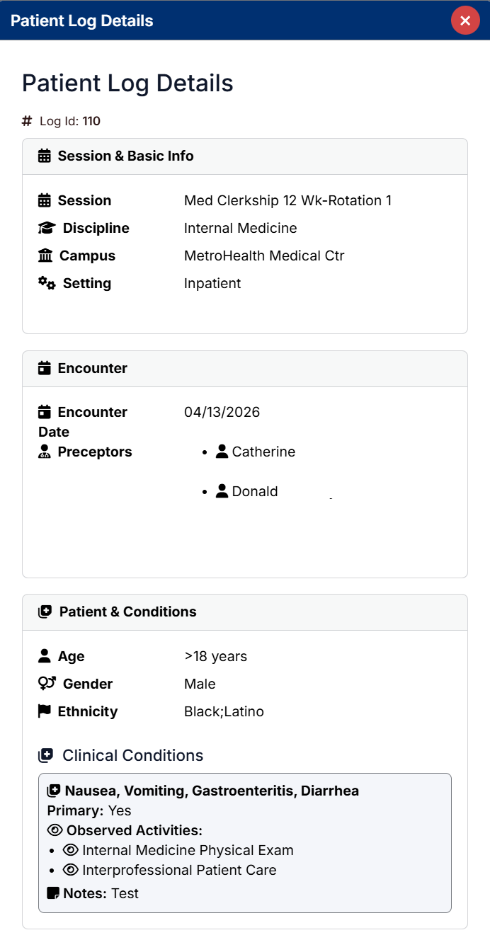 View Weekly Assessment Patient Logs Details